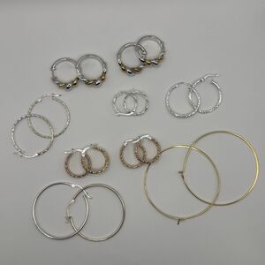 925 Sterling Silver Hoop Earrings Lot 9 Pairs Bulk Vintage Mixed Sizes